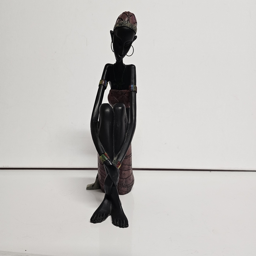 African Woman Figurine Sculpture – Hand-Painted Tribal Art – Sitting Pose – 9"